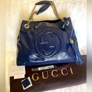 NWOT GUCCI NAVY PATENT SOHO SHOULDER TOTE, EXCELLENT CONDITION